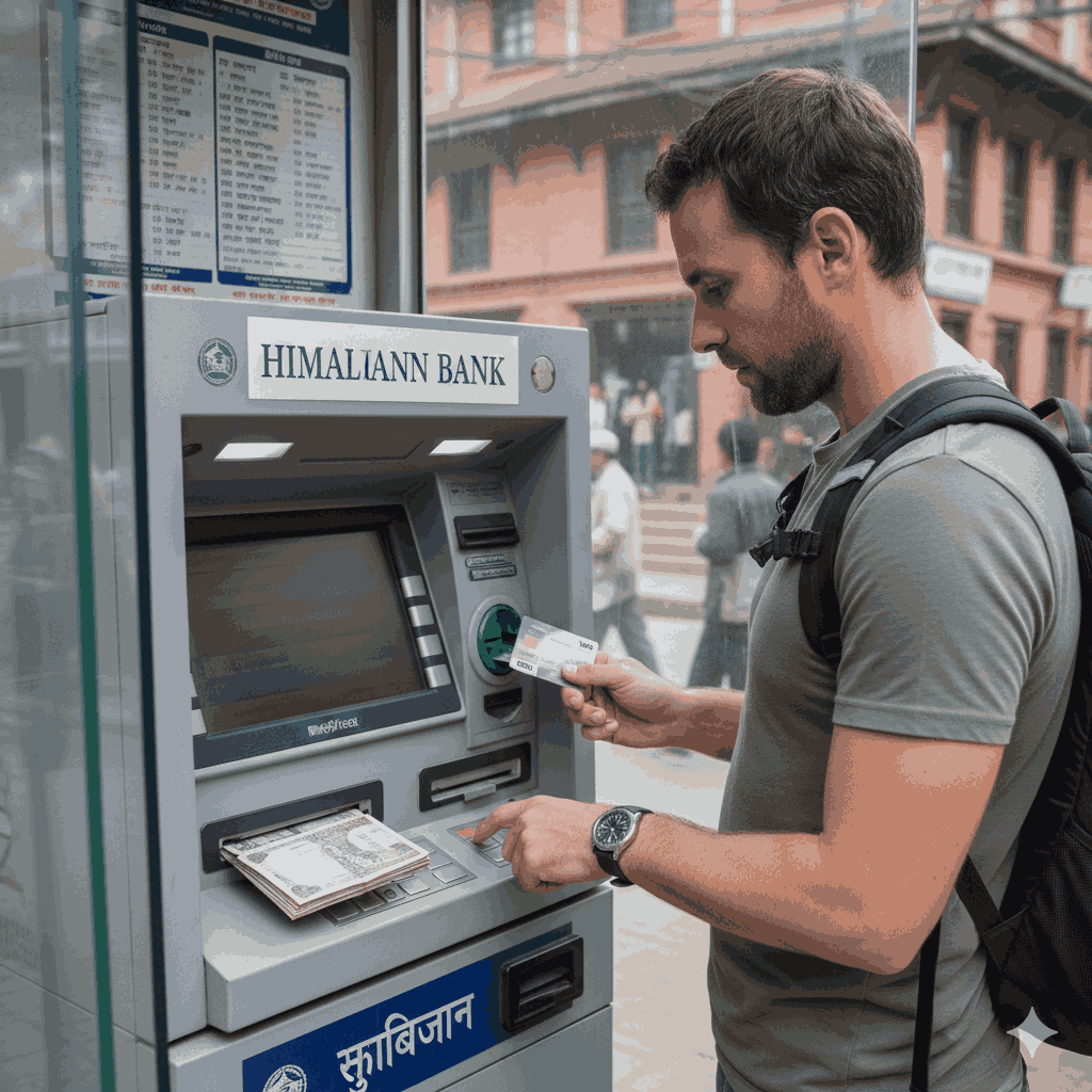 Can I use my credit card in Nepal? A traveler withdrawing cash from an ATM in Nepal, emphasizing the availability of ATMs for international cards in 2026