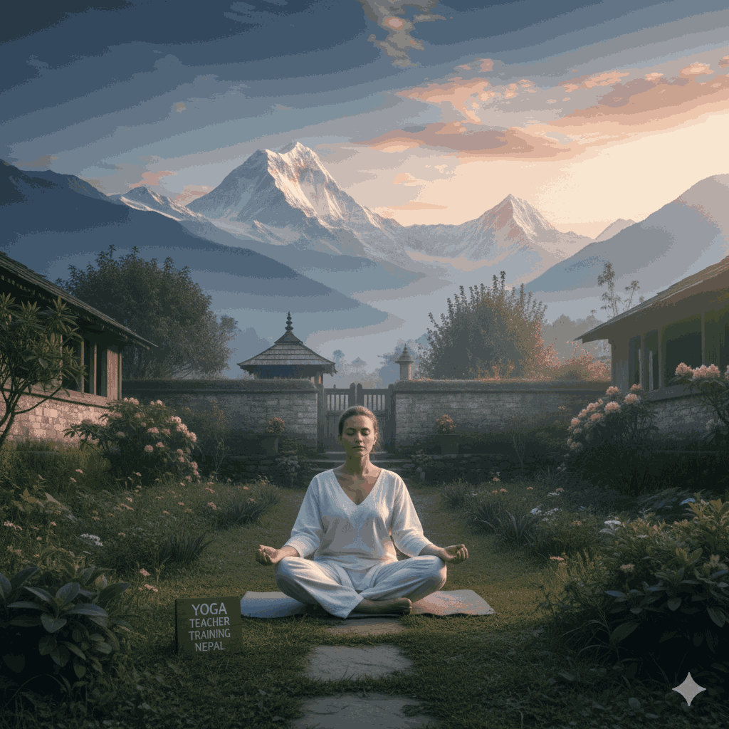 Practicing Pranayama during yoga teacher training Nepal in a tranquil Himalayan setting.