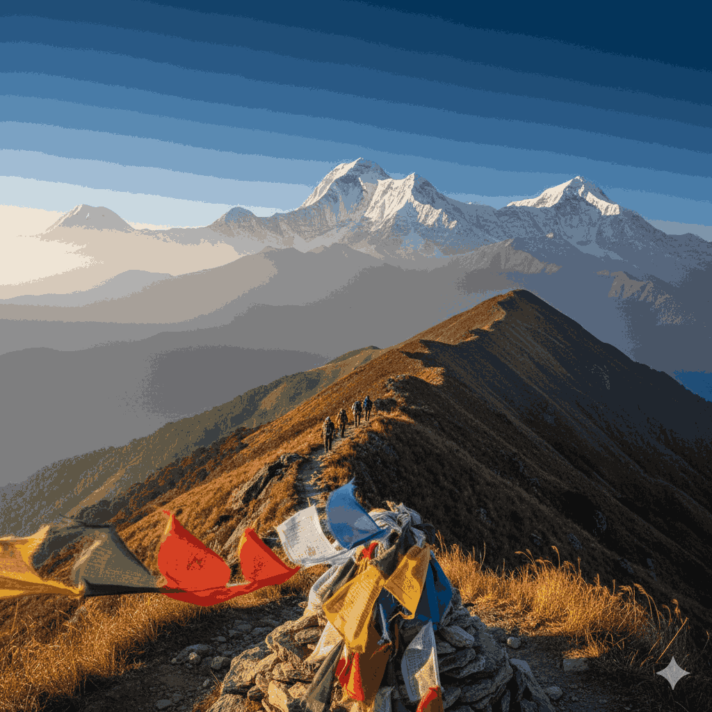 Short trek in Nepal on the Mardi Himal ridge with Machhapuchhre mountain and cloud forest scenery