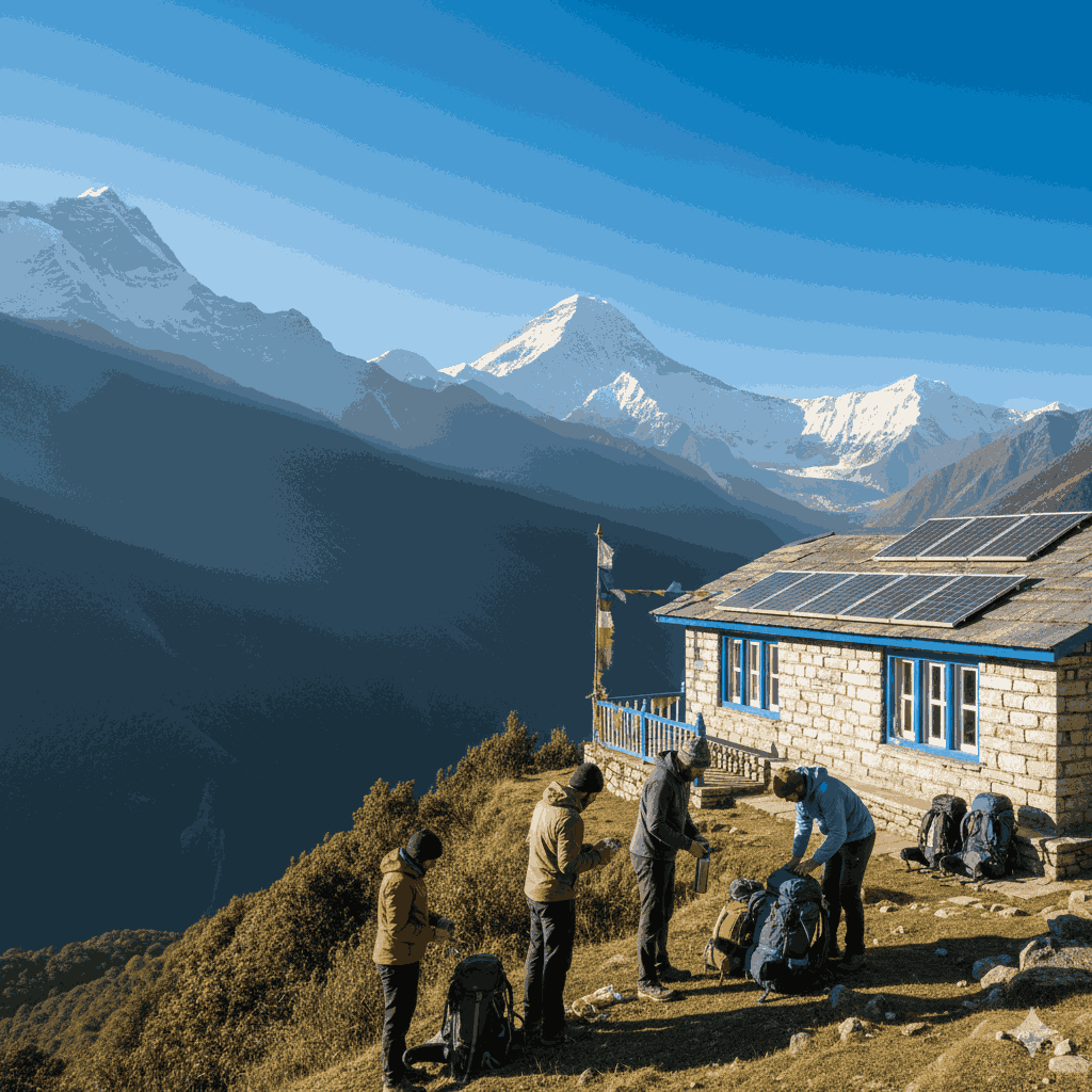 Stunning landscape of the Himalayas showcasing sustainable travel Nepal, with eco-friendly lodges and trekkers respecting nature in the high mountains
