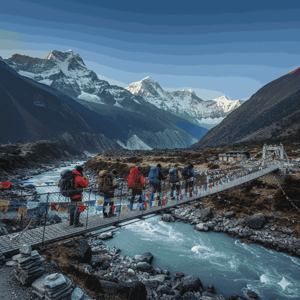 Everest trek in Nepal showing suspension bridge crossing on the way to Namche Bazaar