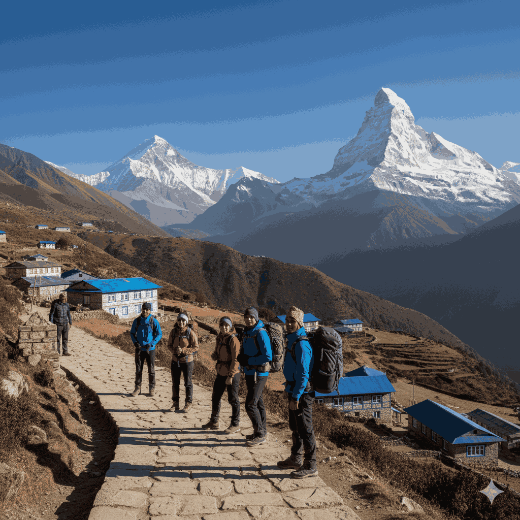 A scenic trekking photograph from the Everest region showing trekkers on a trail above Namche Bazaar, Mount Everest and Ama Dablam visible in the background, stone houses and terraced hills, clear weather, realistic travel photography style, high detail, representing a short Everest trek in Nepal