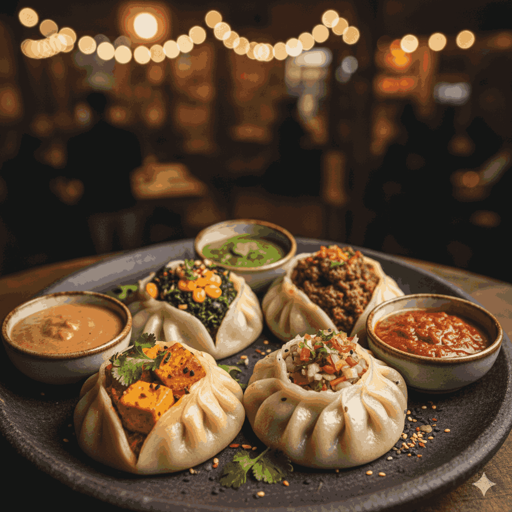 Open-style momos with multiple chutneys, showcasing the innovative best momo in Kathmandu for tourists