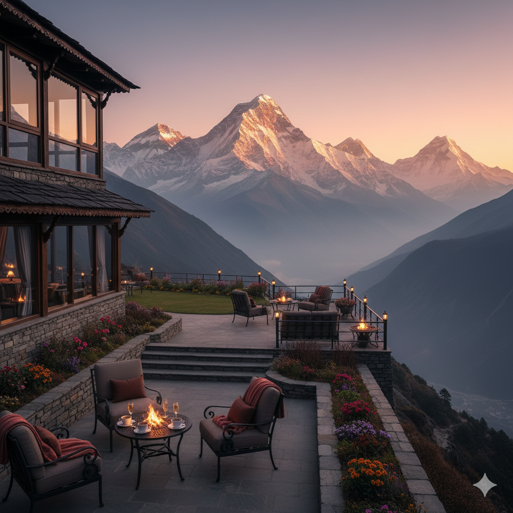 Spectacular sunrise view of the Himalayas from a luxury lodge, showcasing the pinnacle of luxury travel Nepal in 2026.