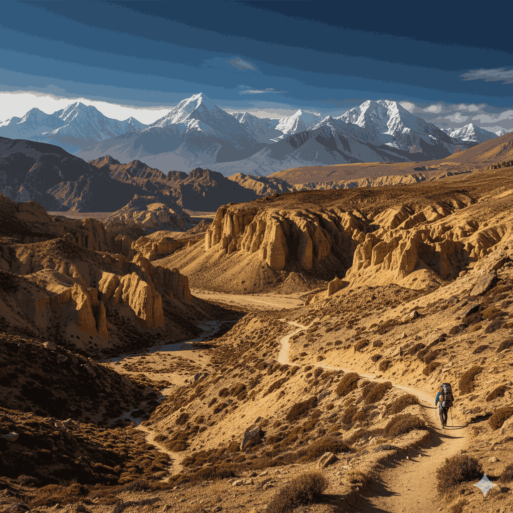 Limi Valley Trek: A trail traversing the arid, wind-sculpted landscape of the high-altitude desert region near Humla, Nepal.