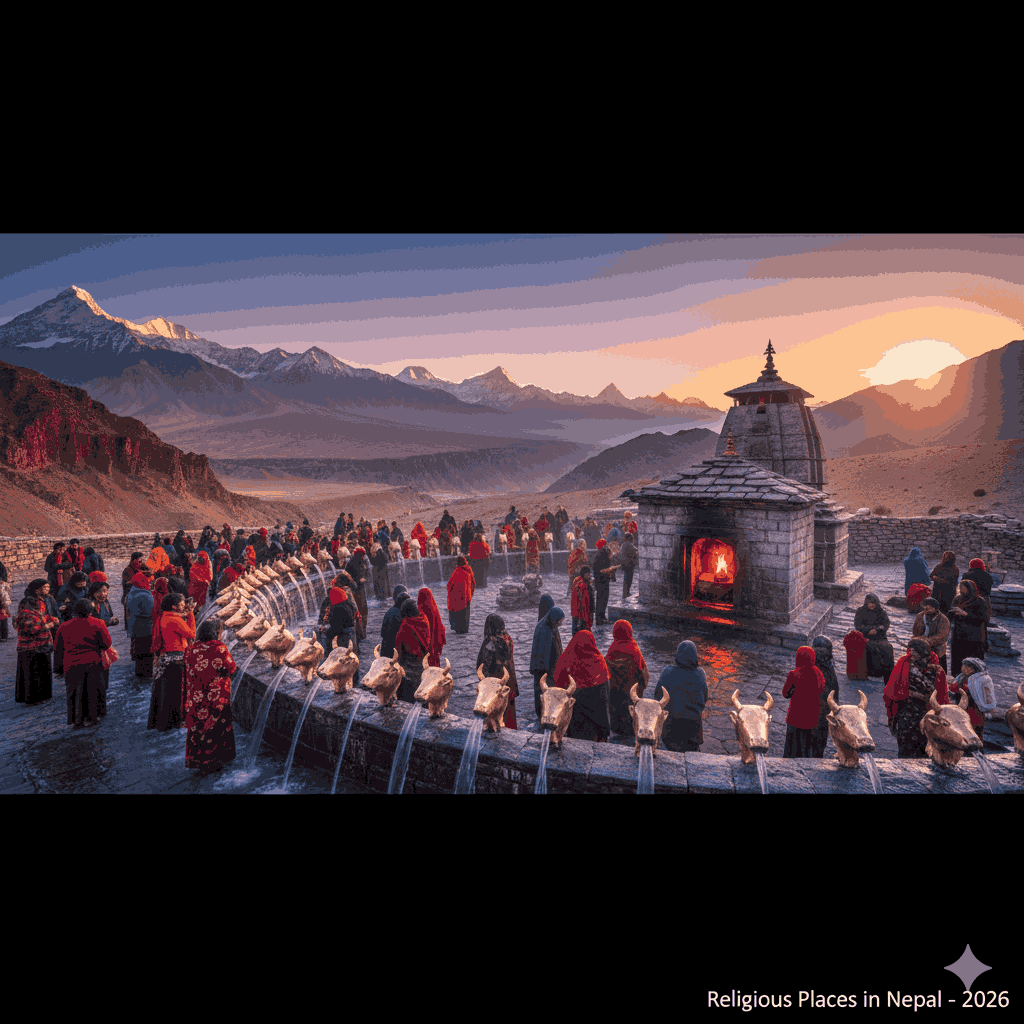 Pilgrims performing rituals at Muktinath, one of the most sacred religious places in Nepal, with water spouts and the eternal flame temple
