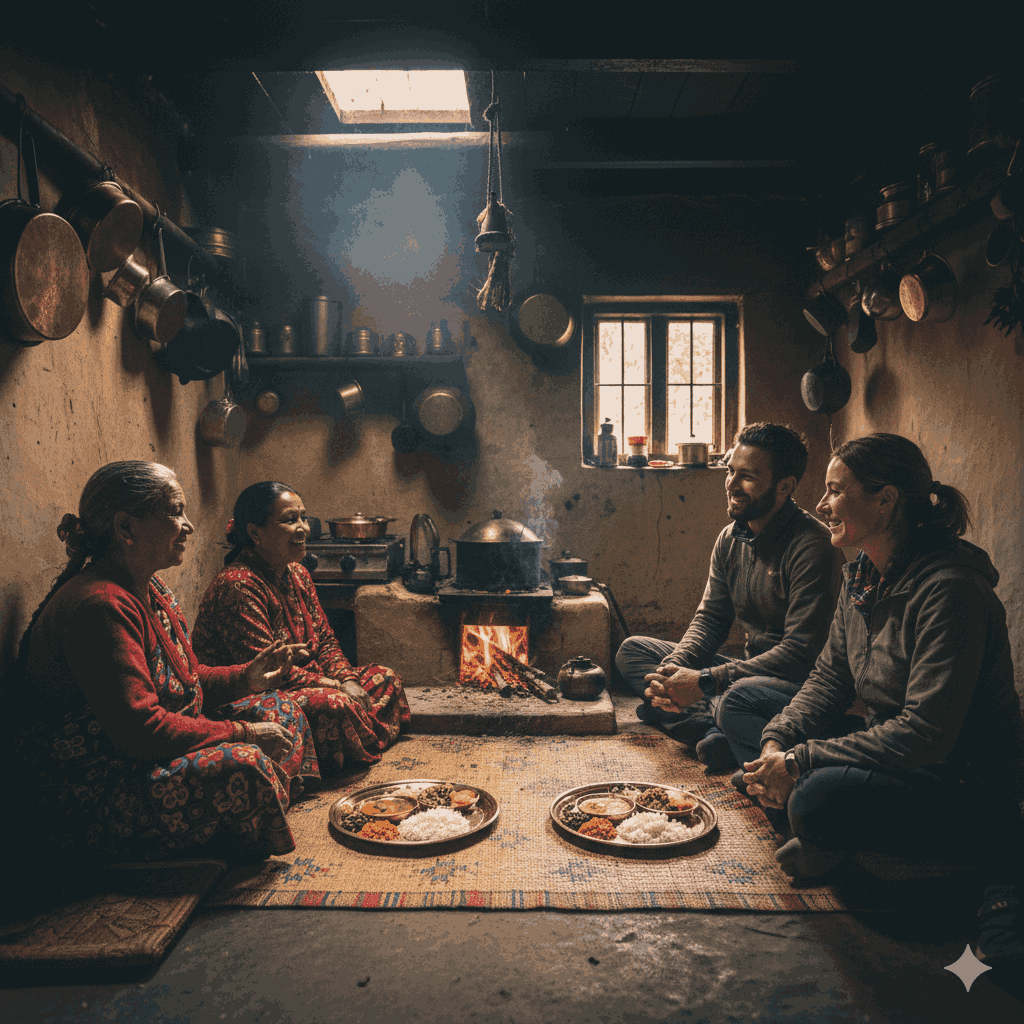 Cultural life during Homestay Trek in Nepal with local family sharing meals and traditions