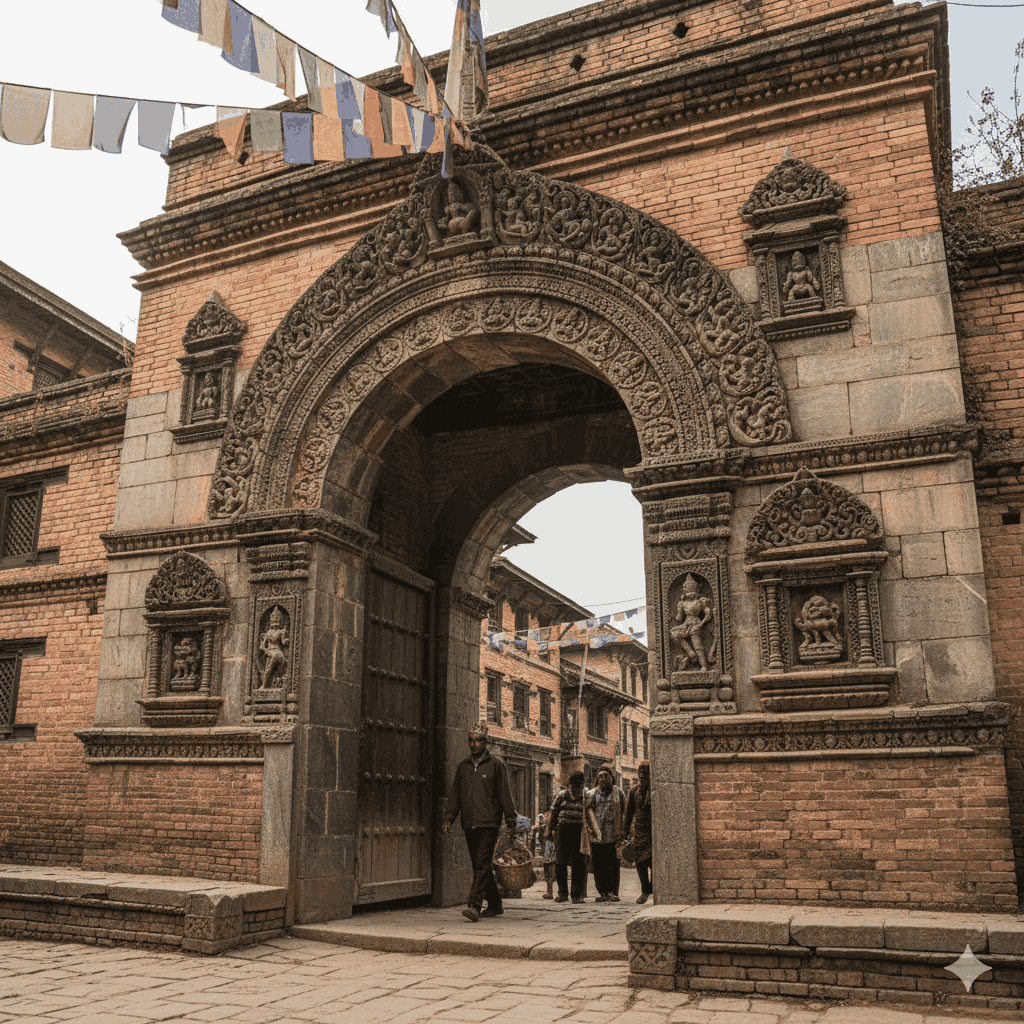 One of the sacred gates of Sankhu heritage town representing traditional Newari ritual boundaries