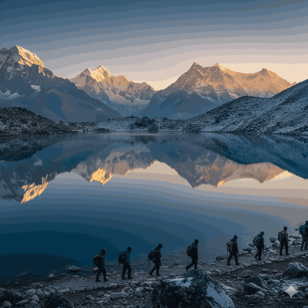 Gosaikunda Lake, one of the most sacred religious places in Nepal, with pilgrims in prayer and the Himalayas in the background