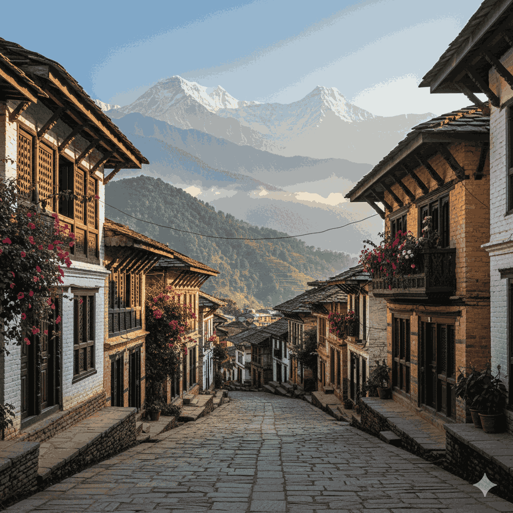 Narrow stone-paved street in Bandipur Old Town with traditional Newari houses and Himalayan mountain backdrop, reflecting Nepal's preserved cultural heritage