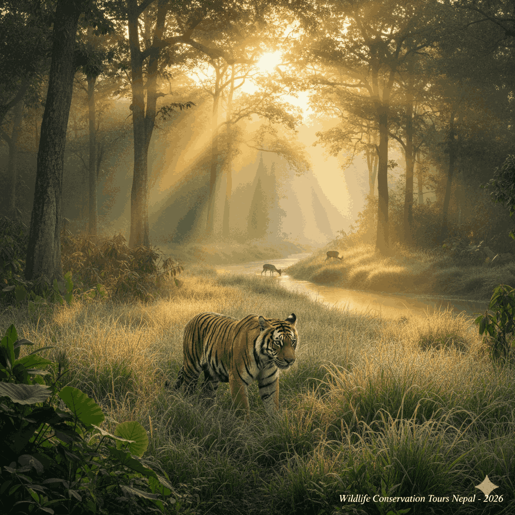 Wildlife conservation tours Nepal showcasing a majestic tiger in Chitwan National Park, emphasizing Nepal’s success in biodiversity restoration
