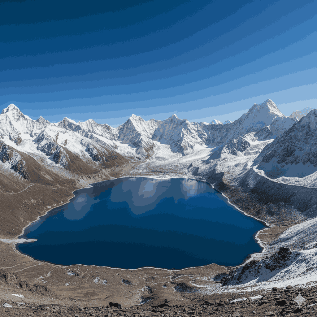 Tilicho Lake in Nepal, a high-altitude lake with stunning blue waters and surrounding snow-capped mountains, among the most iconic lakes in Nepal.