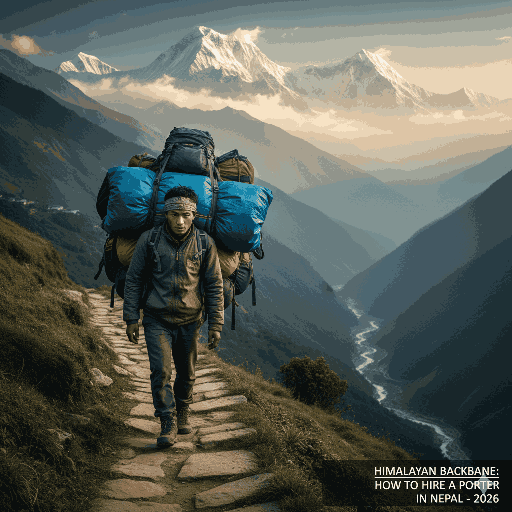 How to hire a porter in Nepal? A mountain porter carrying a heavy load on a trail, representing the vital support system for trekkers in 2026