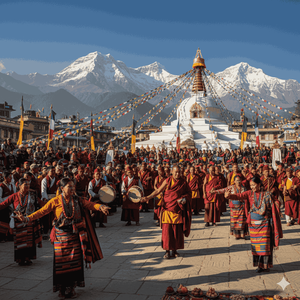 How Losar strengthens community and cultural identity in Nepal ,vibrant Himalayan festival with traditional dress and dance against mountain scenery.