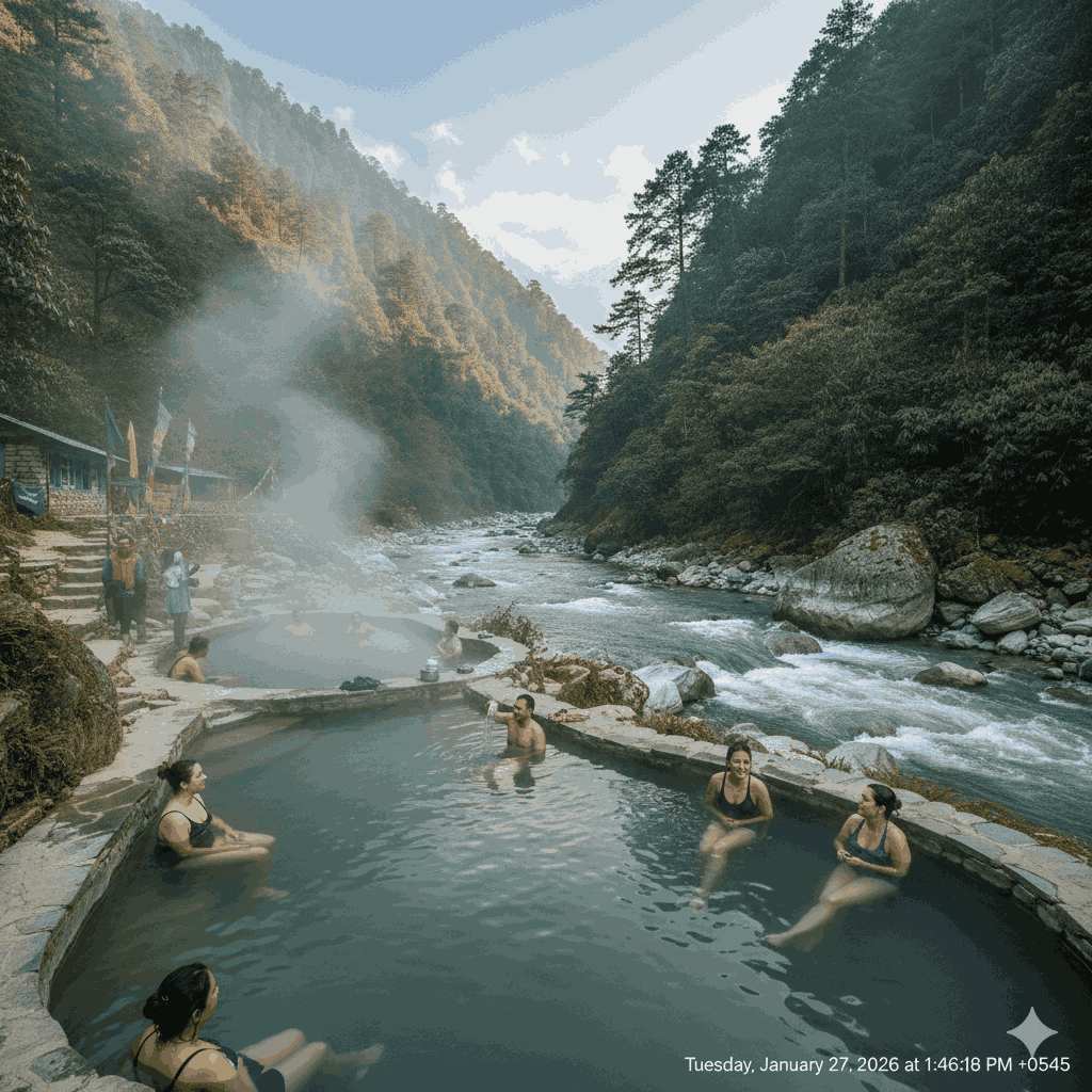 Jhinu Danda hot springs on the Annapurna Base Camp trek in Nepal after trekking