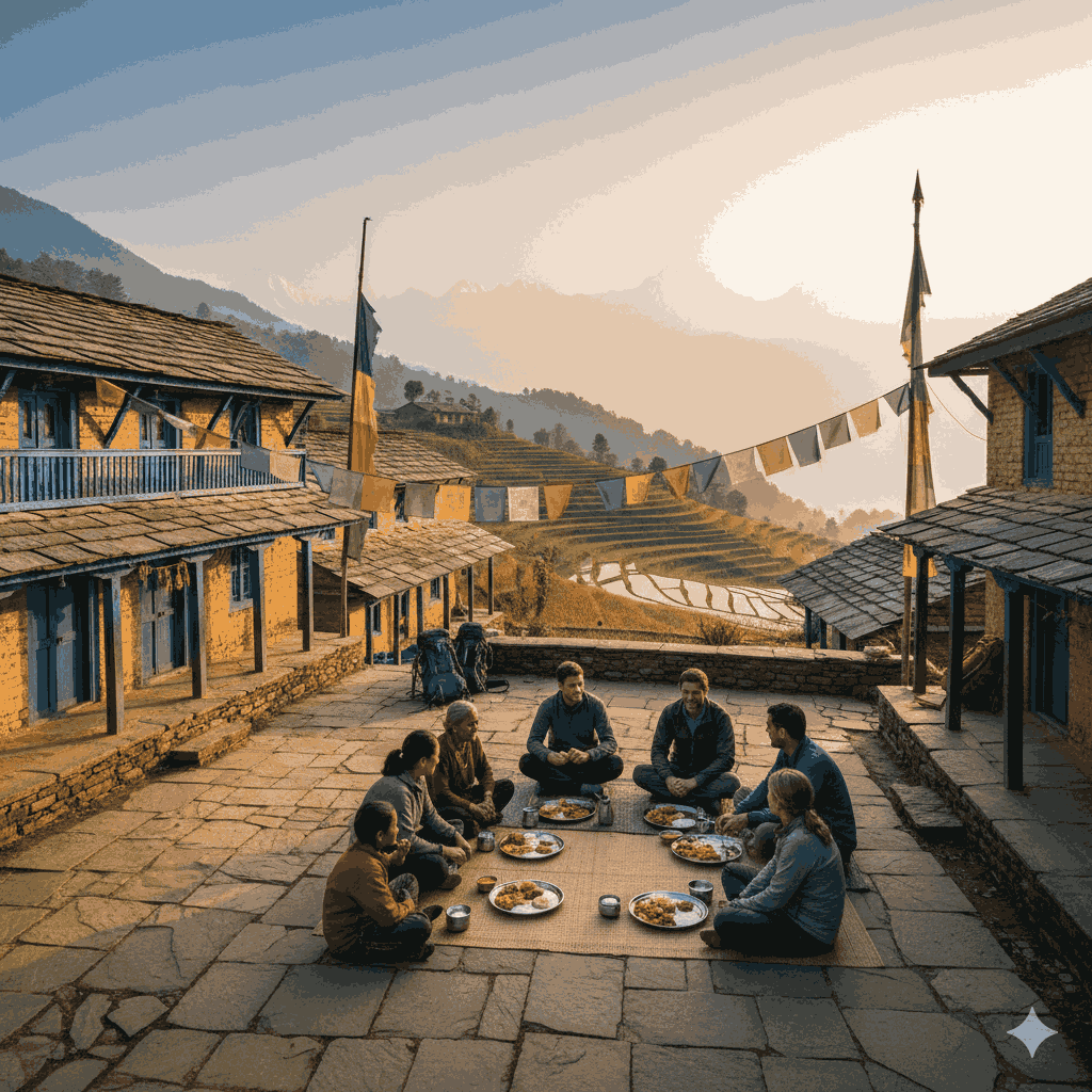 Homestay Trek in Nepal showing travelers staying with a traditional mountain family in rural Himalayan village