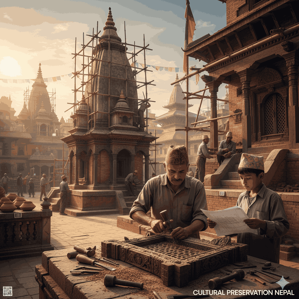 raditional Nepali artisans restoring historic temples in Bhaktapur, highlighting the importance of cultural preservation Nepal through heritage craftsmanship