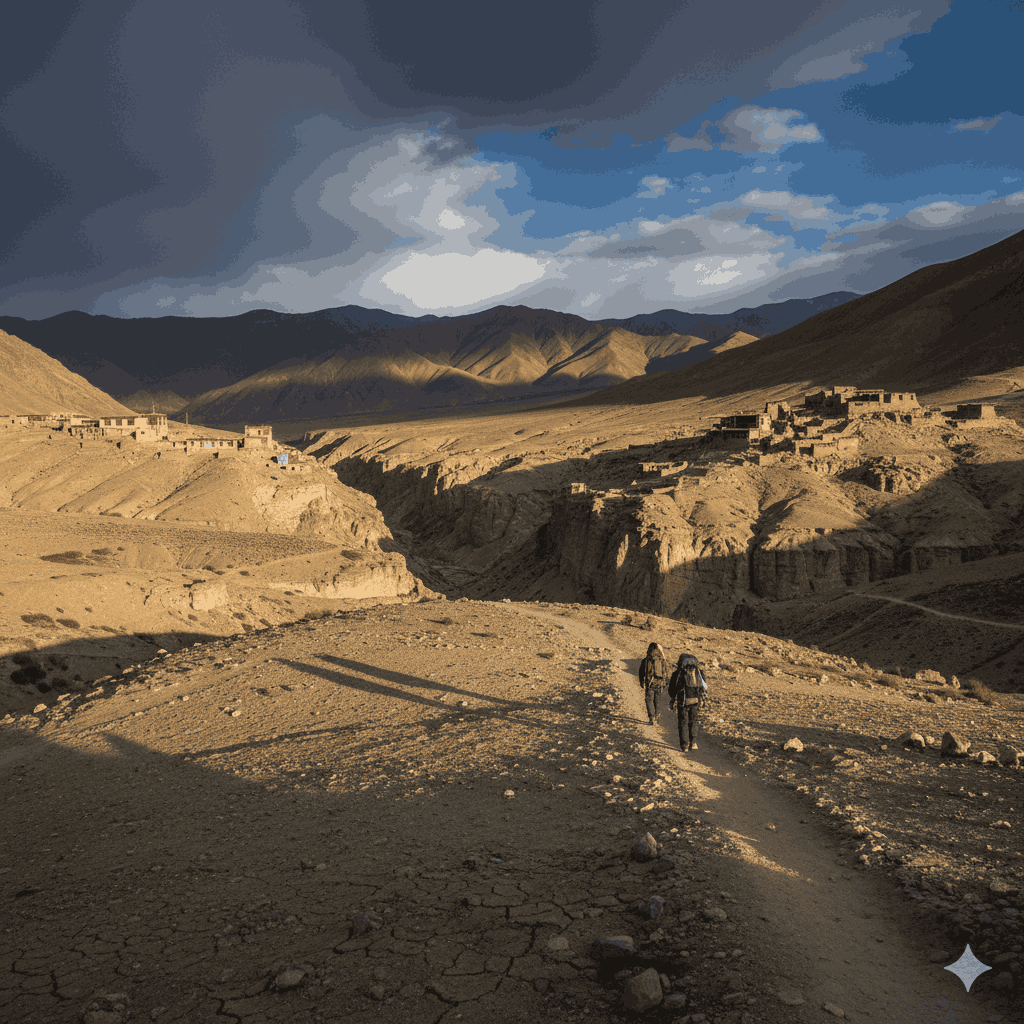 A quiet winter trekking scene or Upper Mustang landscape with dry terrain, long shadows, minimal trekkers, dramatic sky.