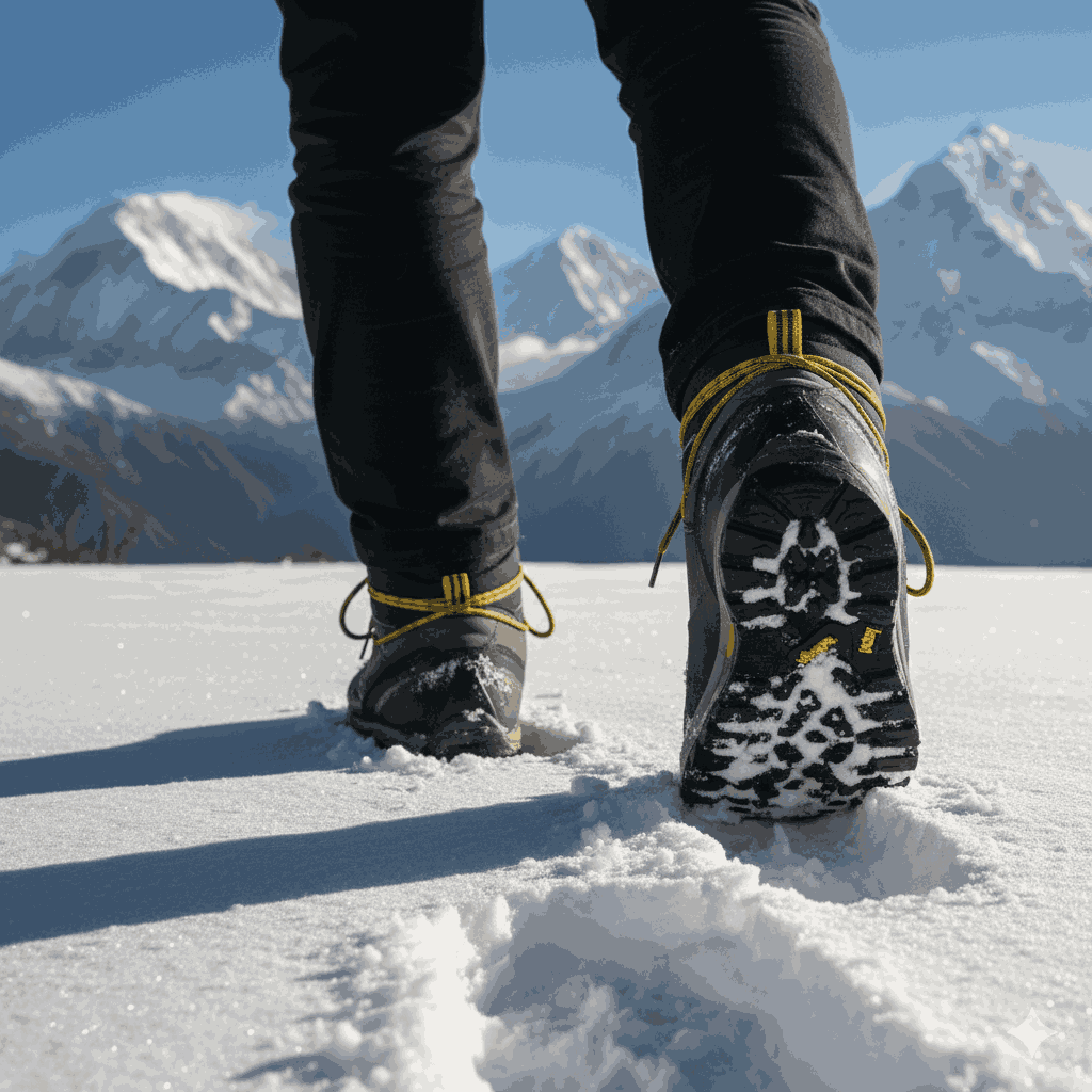 trek in Nepal in 2026, trekking boots on snowy trail with Himalayas