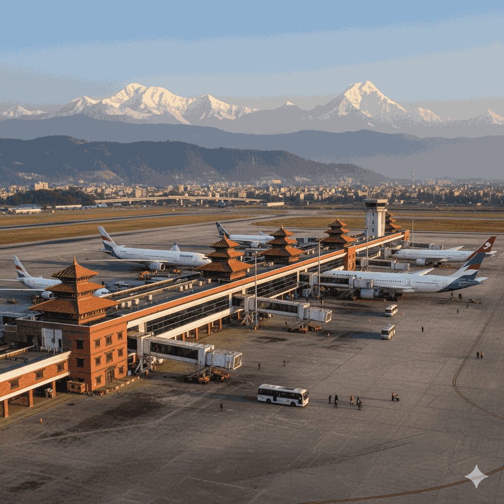 Welcome to Nepal: Kathmandu Airport arrival guide with travelers arriving amidst Himalayan scenery and modern facilities