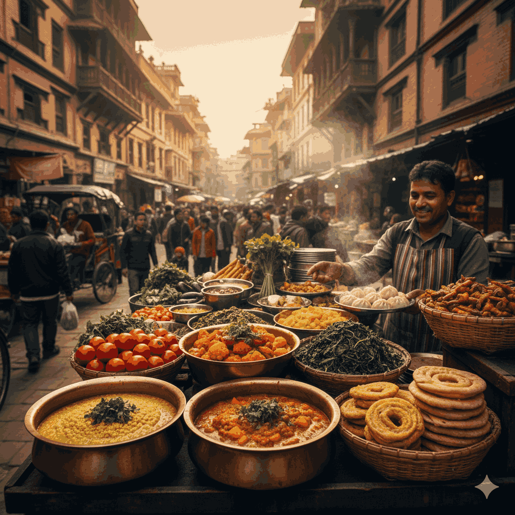 Colorful display of vegan and vegetarian food in Nepal at a local market in Kathmandu