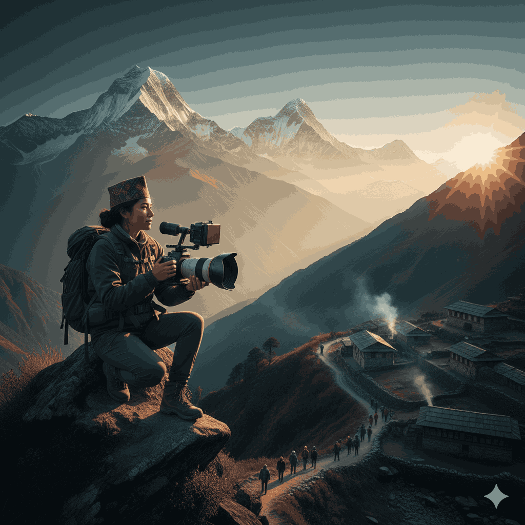 Nepal cinematic travel showcasing a filmmaker capturing the Himalayas at sunrise, blending ancient landscapes with modern filmmaking in Nepal 2026.