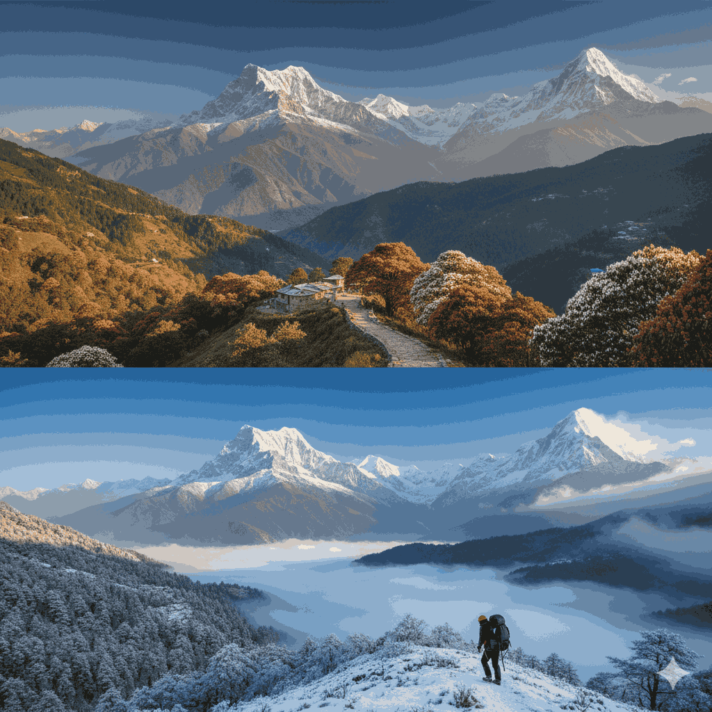 best time to trek in Nepal showing Himalayas across all seasons