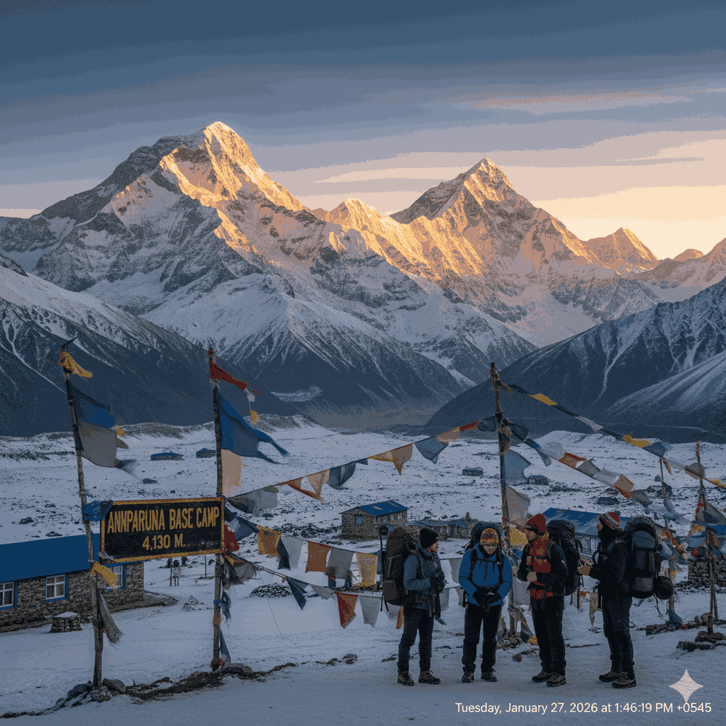 Annapurna Base Camp trek in Nepal with trekkers at Annapurna Base Camp surrounded by Himalayan peaks