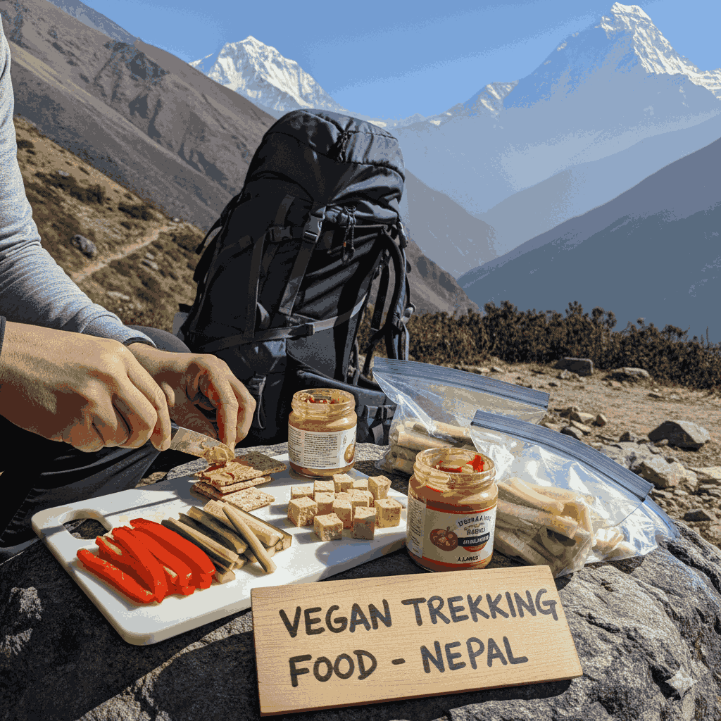 Trekker preparing vegan and vegetarian food in Nepal for high-altitude trekking in the Himalaya
