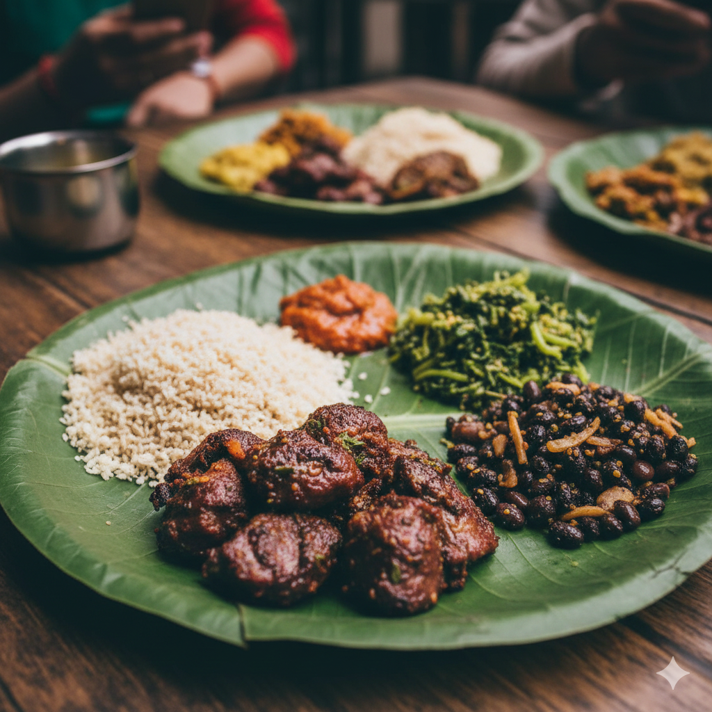 Traditional Newari food tour featuring buffalo meat, fermented greens, and beaten rice on a leaf plate