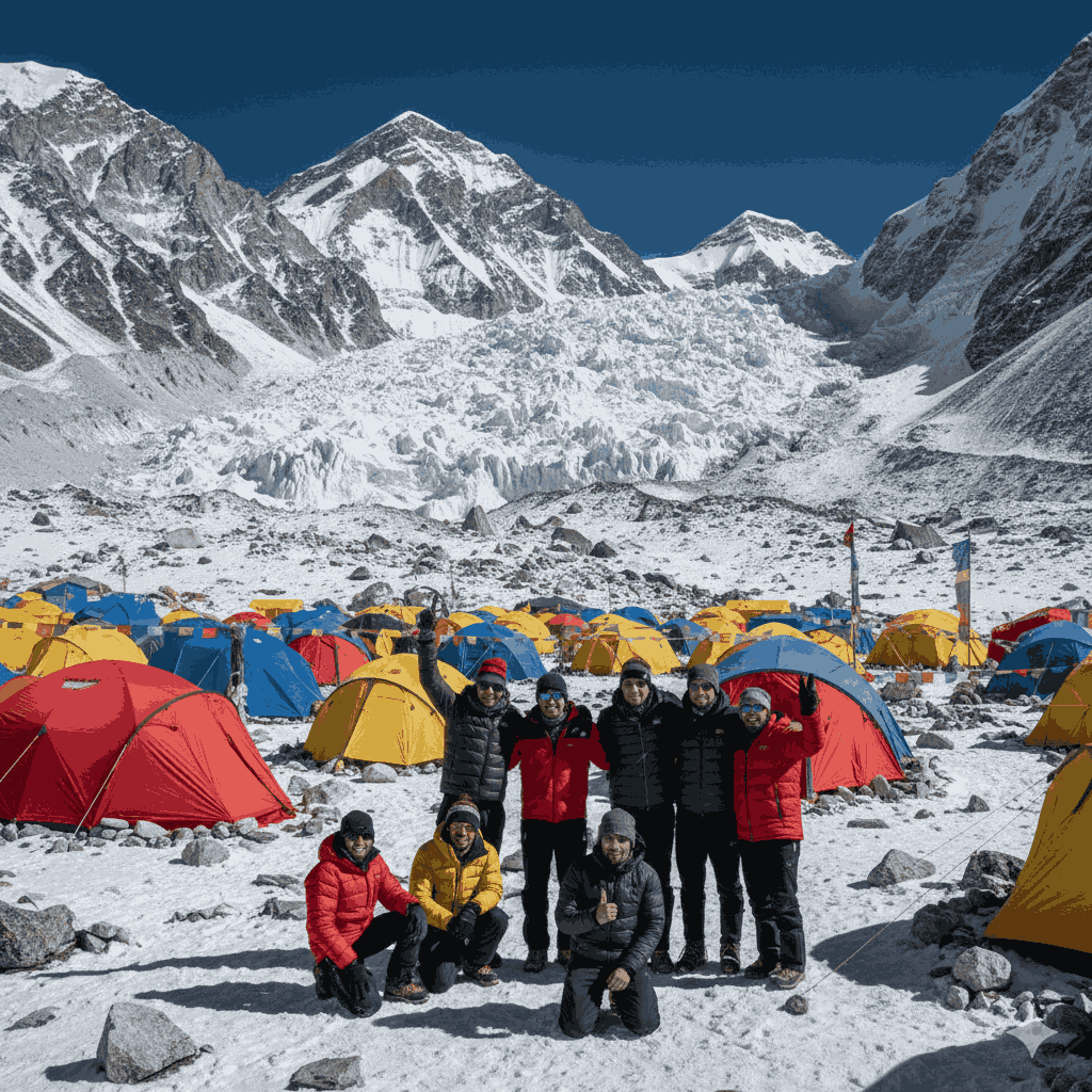 everest base camp trek in nepal reaching Everest Base Camp with climbers tents and Khumbu Icefall