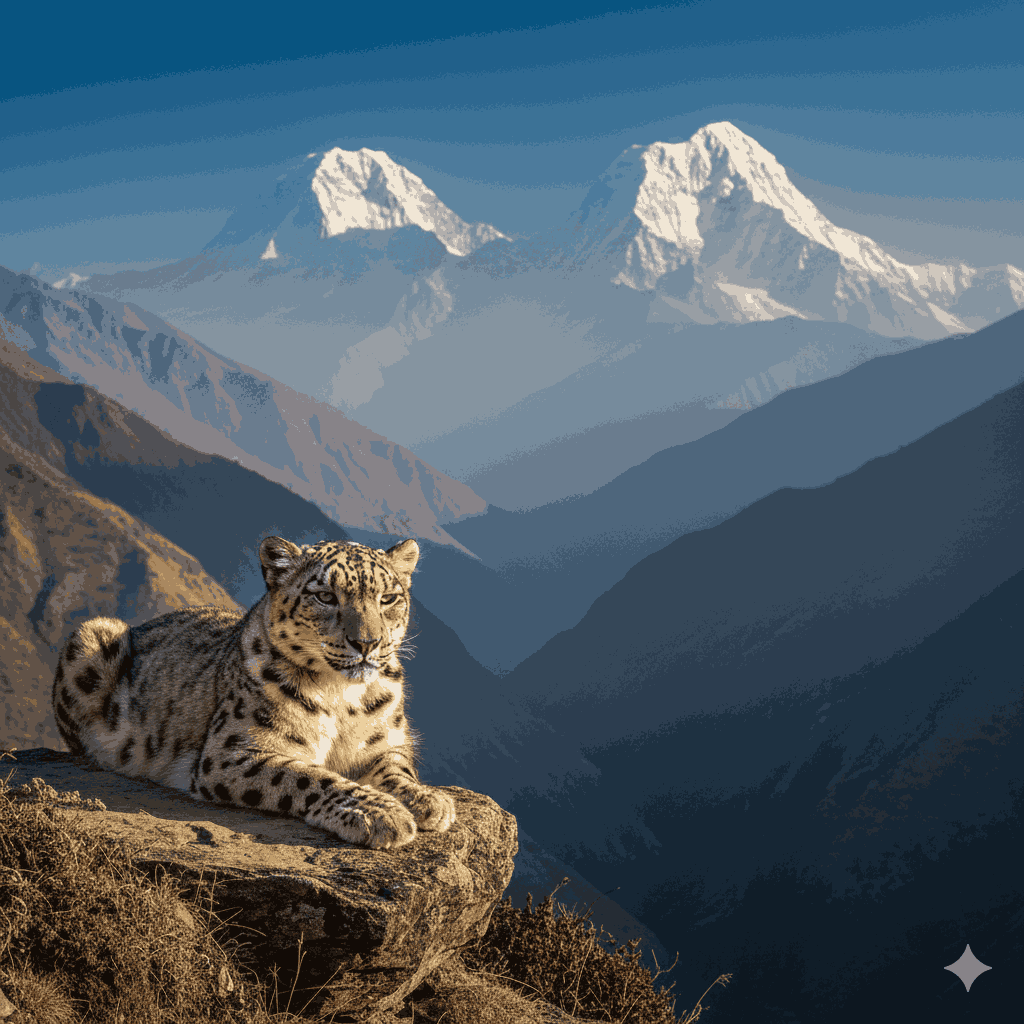Api Saipal Base Camp Trek: A snow leopard in its natural habitat amidst the remote peaks of Api and Saipal, showcasing the region's rich biodiversity