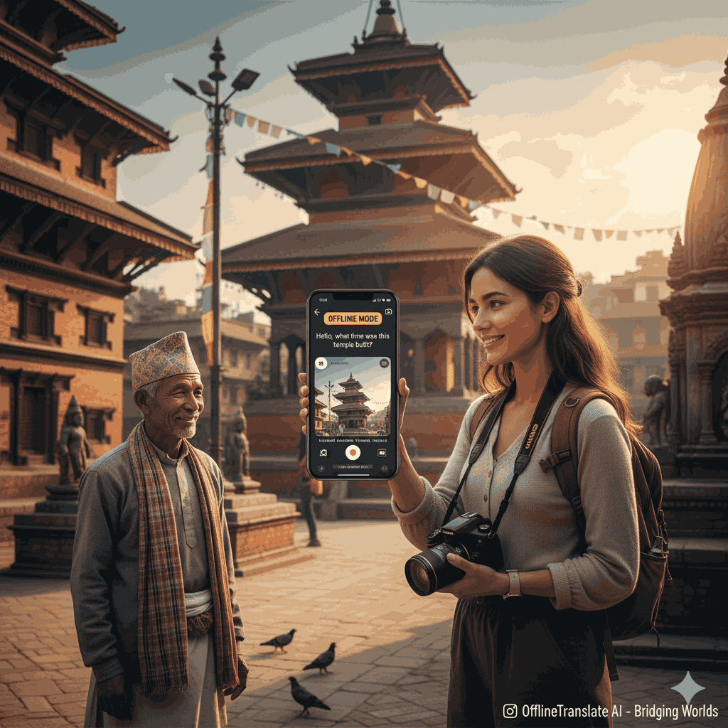 Best offline translation apps for Nepali language — traveler using a translation app at Patan Durbar Square