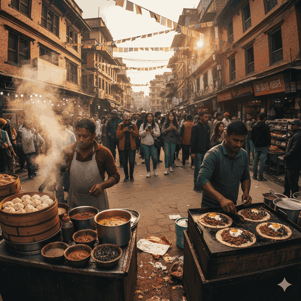 Nepali Newari feast showcasing traditional dishes.