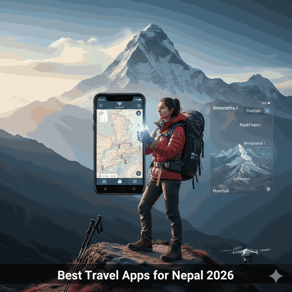 Traveler using the best travel apps for Nepal 2026 to navigate Himalayan landscapes