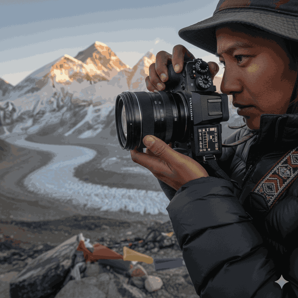 Nepali photographer adjusting mirrorless camera with wide-angle lens overlooking Everest at dawn, exemplifying Nepal travel photography techniques.