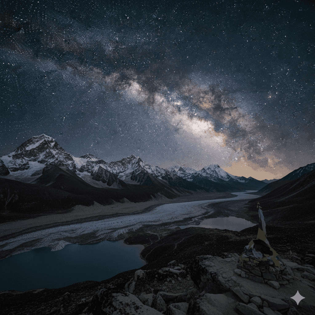 Nighttime view from Gokyo Ri showcasing the Milky Way over the Himalayan peaks