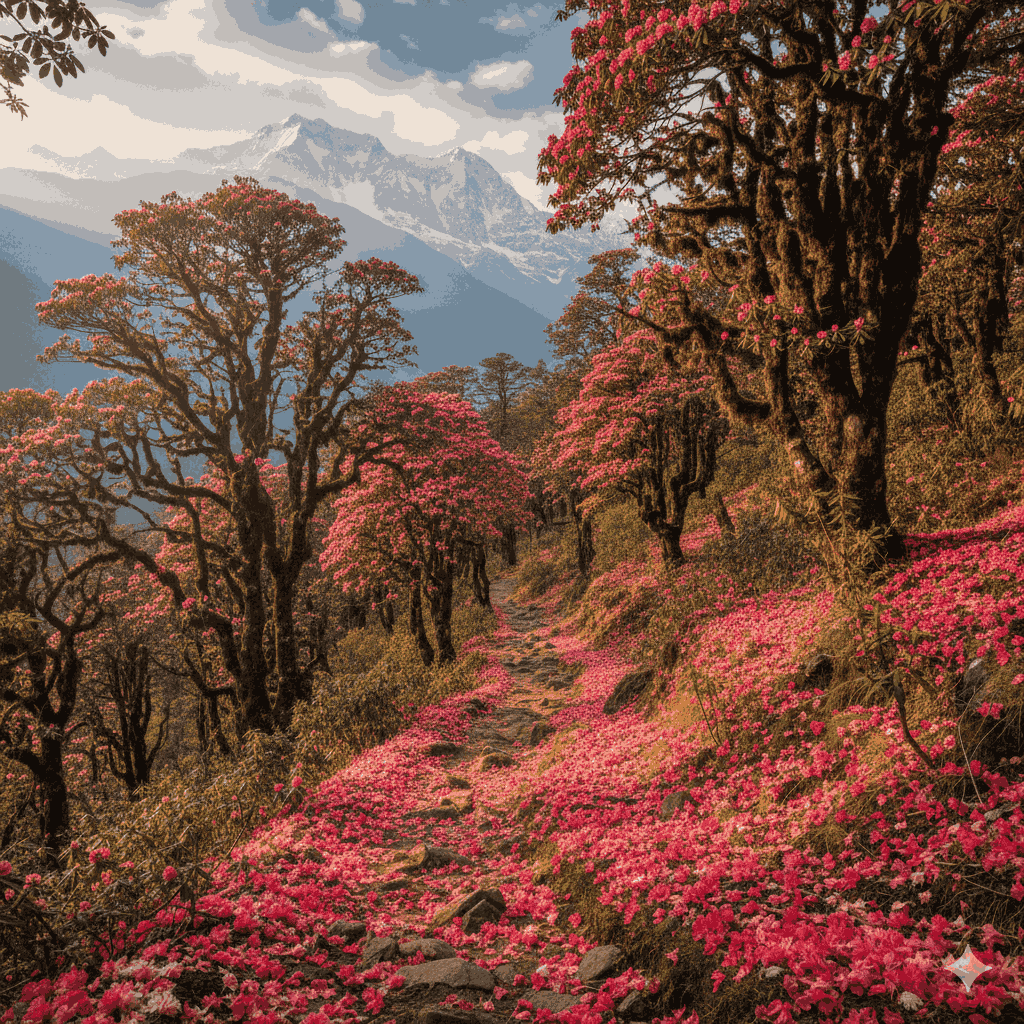 when to trek in Nepal during spring with blooming rhododendron forests