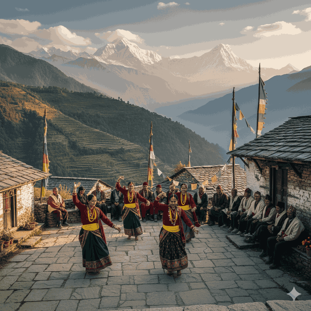 Exploring Gurung Traditions in a Himalayan village with Ghatu dance, Annapurna peaks, and traditional stone houses