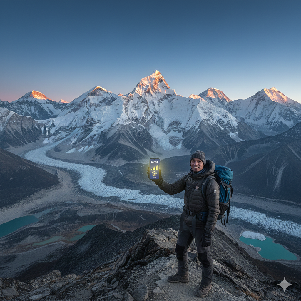 Stunning mountain landscape of Nepal with a traveler using the best SIM card for tourists in Nepal, showcasing connectivity in the Himalayas