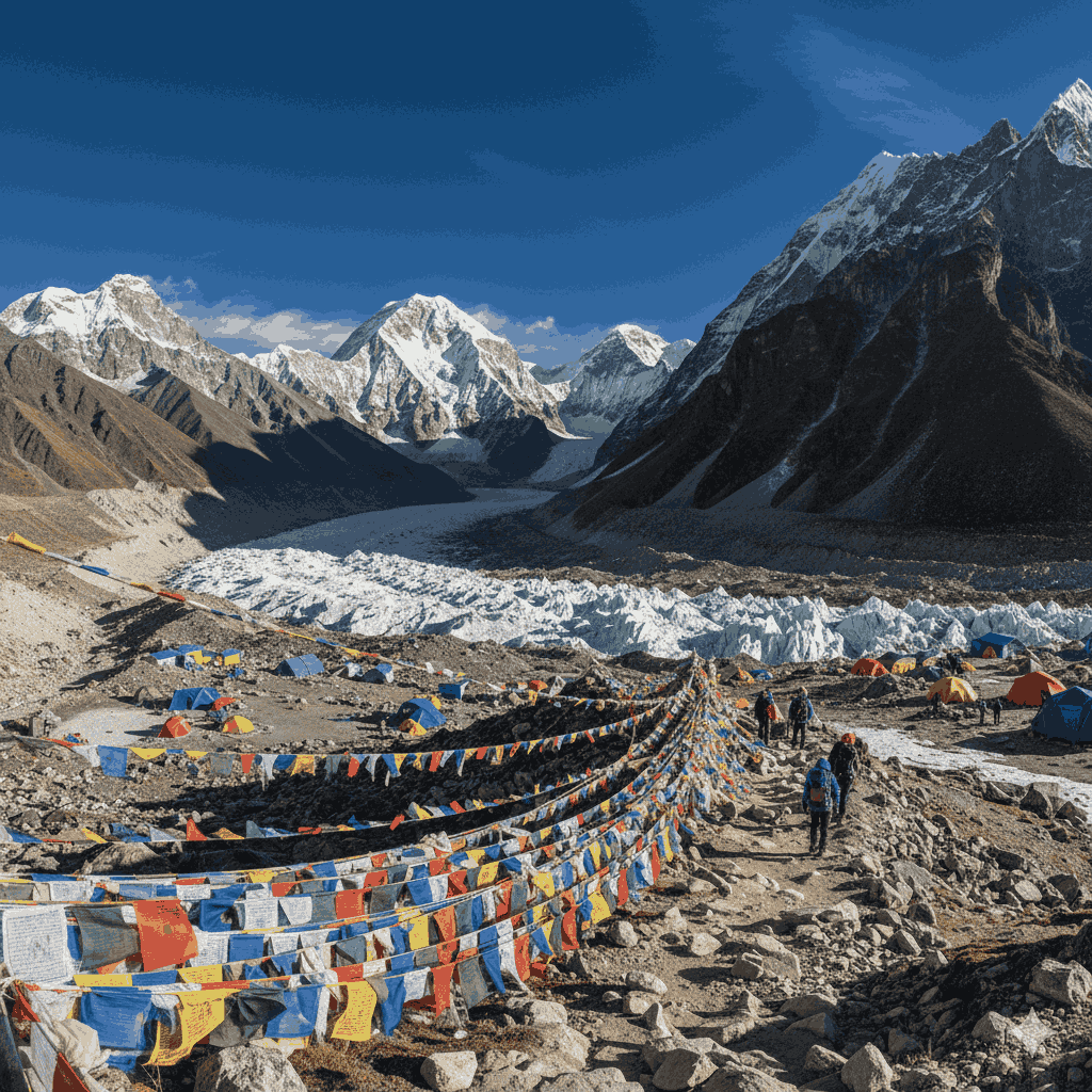 trek in Nepal in 2026 at Everest Base Camp, panoramic mountain view with prayer flags and trekker