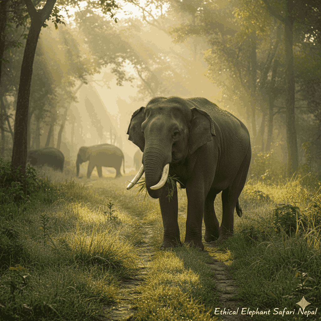 A peaceful elephant in Nepal demonstrating an ethical elephant safari, highlighting animal welfare and conservation in the Terai region.