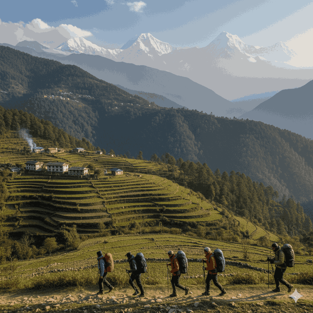 Hiking in Nepal at high altitude with trekkers on a Himalayan trail near Everest
