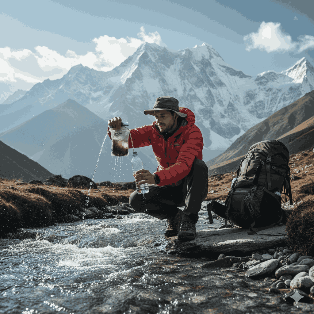 Trekker practicing water purification for trekking Nepal by filtering mountain water in the Himalayas