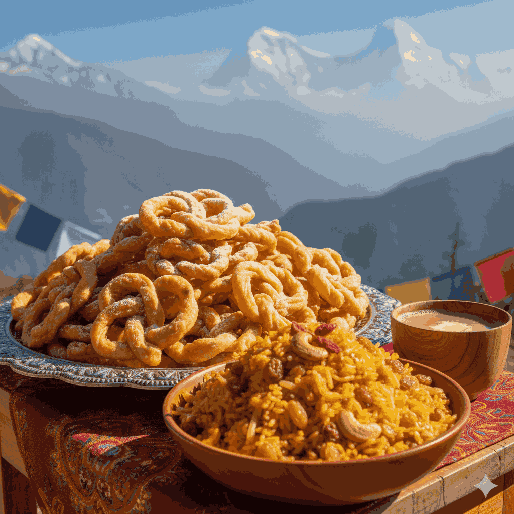 Traditional Losar foods in Nepal, including Khapse pastries, Dresil rice dish, and butter tea in Himalayan setting.