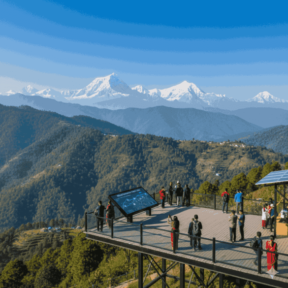 Panoramic view from hilltop viewpoints Nepal with Himalayan mountains and modern viewing deck.