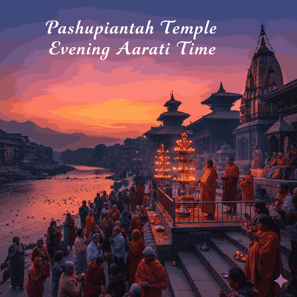 Spectacular view of Pashupatinath Temple during the evening Aarati, showcasing the spiritual atmosphere of the ceremony in Kathmandu