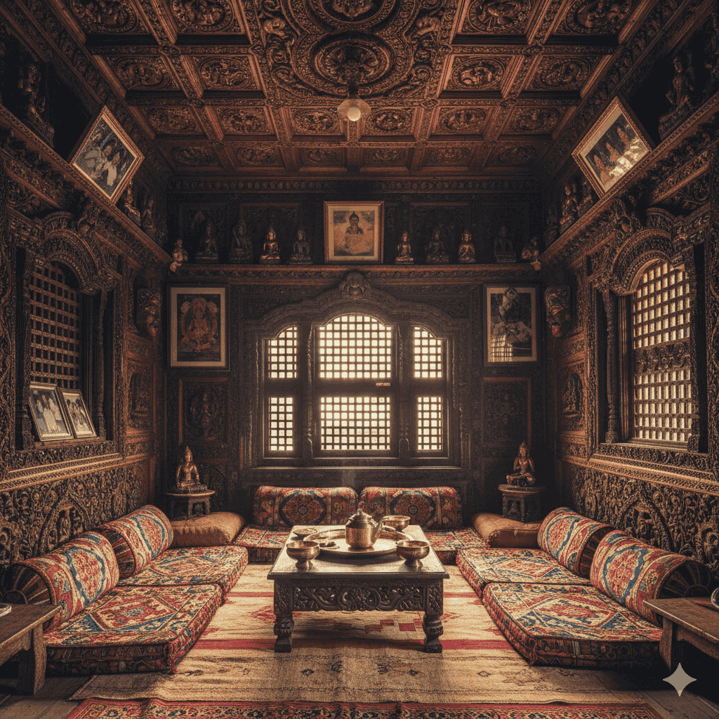 Heritage interior of a top rated homestay in Nepal showcasing cultural architecture