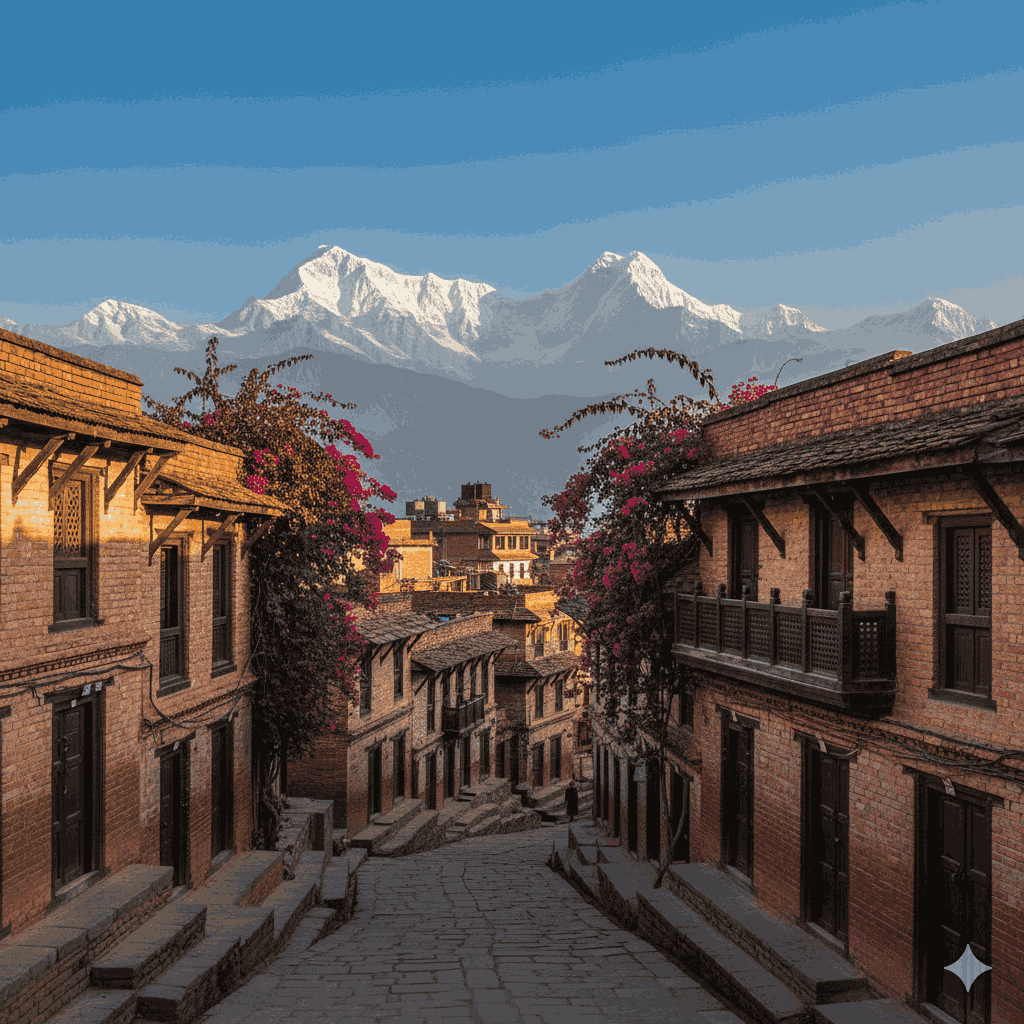 Panoramic view of Bandipur Old Town perched on a hill overlooking Himalayan peaks, showcasing traditional architecture and the serene Himalayan landscape.