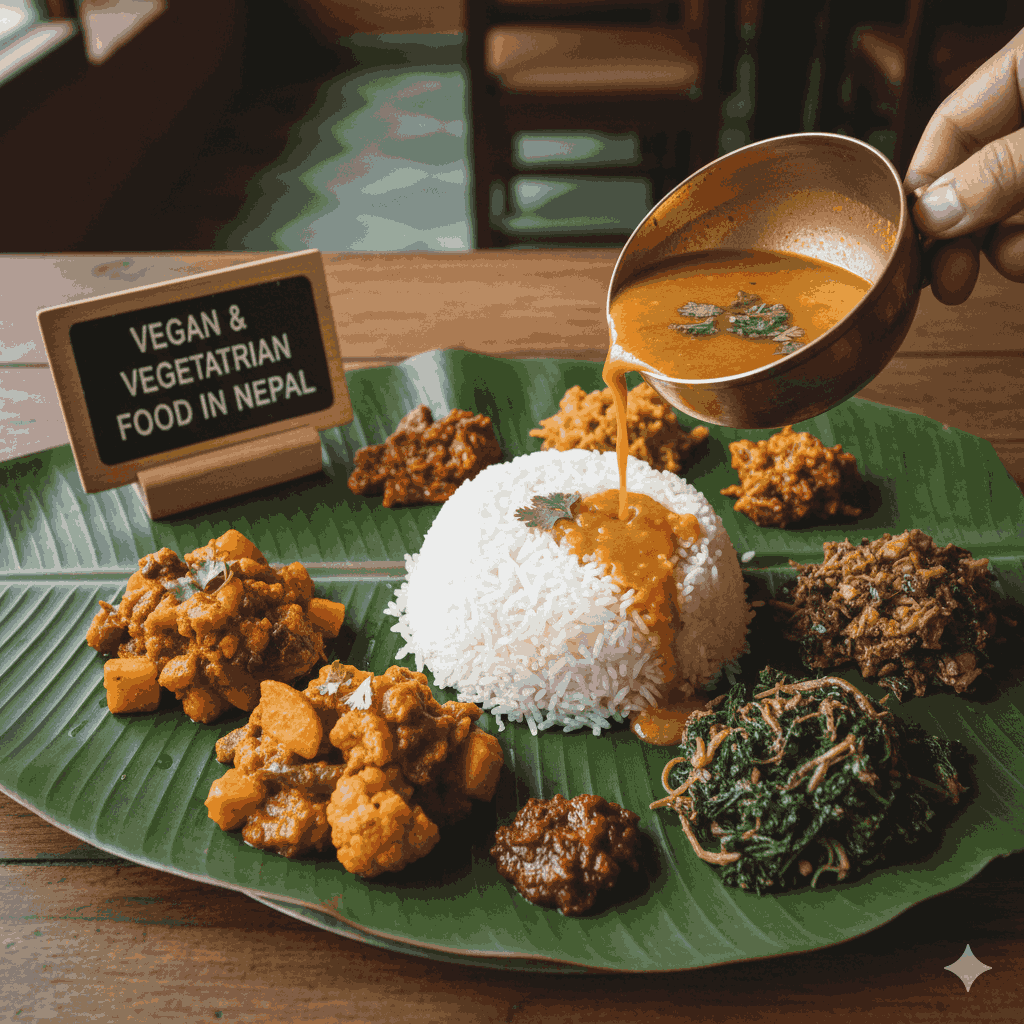 Traditional vegan and vegetarian food in Nepal, featuring Dal Bhat and vegetable curry on a banana leaf
